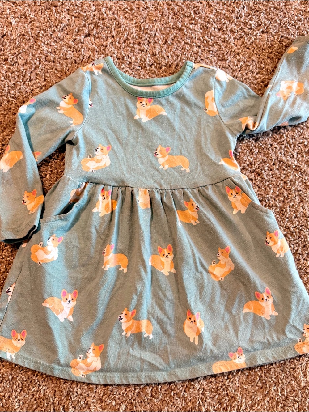 Girls' Teal Long-Sleeve Corgi Print Casual Dress